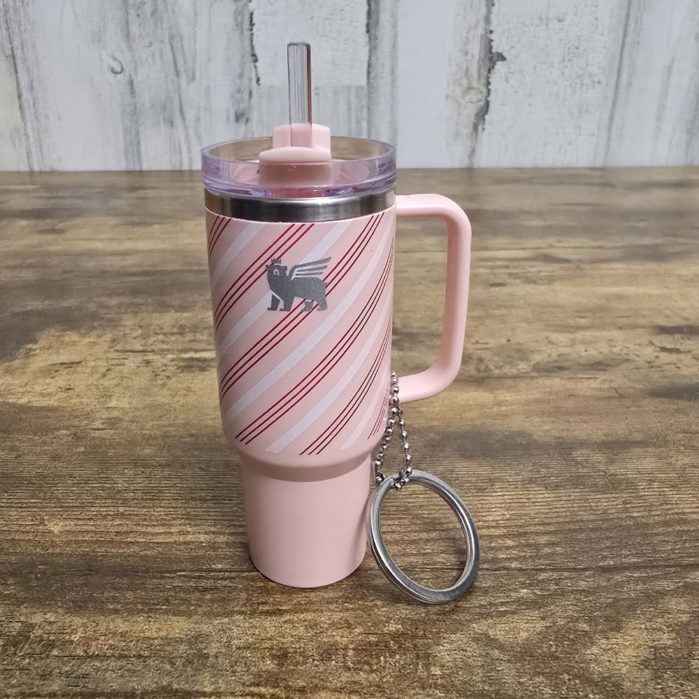 Stanley Pink Striped Tumbler with Straw and Keychain